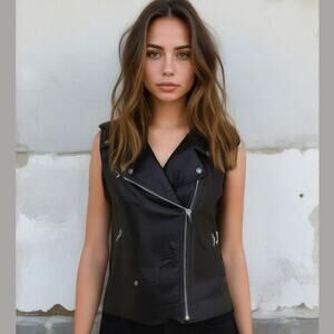 DKNY Black Faux Leather Moto Biker Chic Casual Sleeve Zip Vest Jacket XS NWT